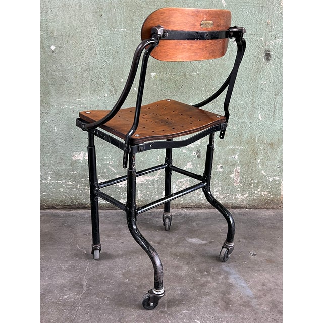 1920s Rare Antique Early DoMore Industrial Rolling Metal Plywood Work Chair Stool For Sale - Image 5 of 12