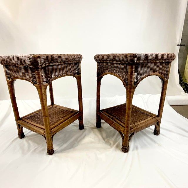 Burnt Umber Mid-Century Coastal Boho Chic Walnut Stained Wicker Side Tables - A Pair. For Sale - Image 8 of 9