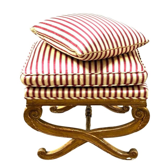 Antique French Empire Style Curule Vanity Foot Stool Ottoman Seat w Painted Gold Legs, Striped Satin Seat Cushion and...