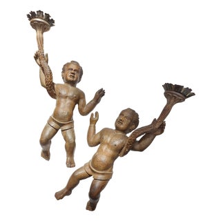 18th Century Wooden Putti Candleholders, 1800s, Set of 2 For Sale