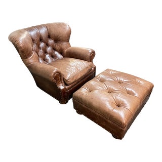 1970's Ralph Lauren Leather Writing Chair + Ottoman For Sale
