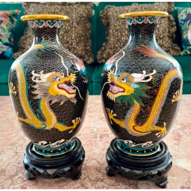 Pair of Chinese Cloisonné Dragon Vases on Wooden Stands For Sale - Image 11 of 11