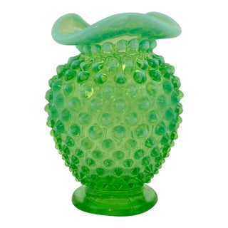 Fenton Green Opalescent Hobnail Tri-Cornered Bud Vase – 1940s Uranium Glass, Glows Under Blacklight For Sale