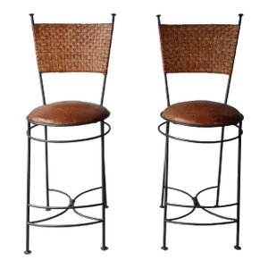 Oversized Vintage Woven Leather and Iron Bar Stools - a Pair