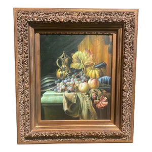 Mid 20th Century Tabletop Still Life with Fruit Oil Painting, Framed