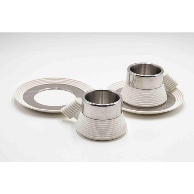 Stainless Steel Espresso Cups Set with Plates by Carlo Giannini, 1970s, Set of 4 For Sale - Image 4 of 8