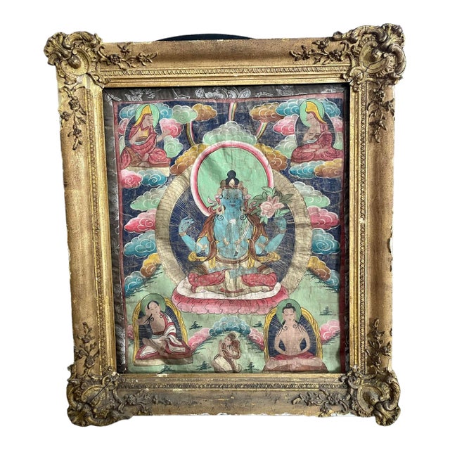 19th Century Tibetan Four Arms Guanyin Tangka With Antique Wooden Frame For Sale