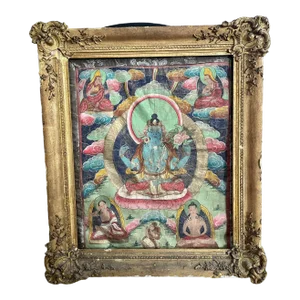 19th Century Tibetan Four Arms Guanyin Tangka With Antique Wooden Frame