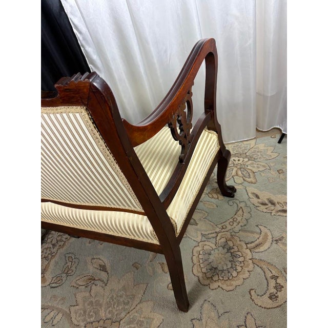 Gold Late 19th Century Victorian Carved Mahogany Settee in Shimmering Cream & Gold Ball and Claw Feet For Sale - Image 8 of 13