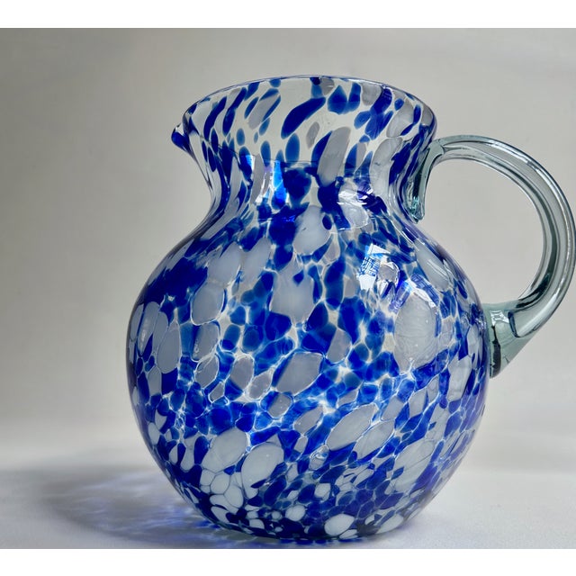 Late 20th Century Vintage Hand Blown Blue & White Spatter Handled Glass Pitcher For Sale - Image 5 of 16