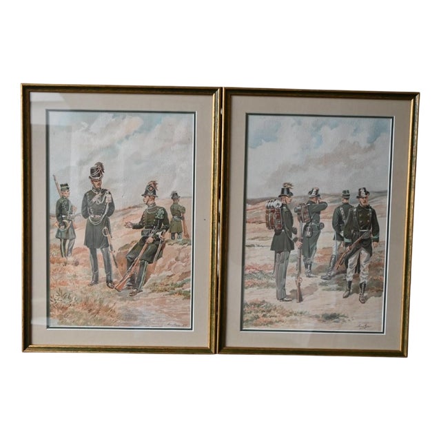 Louis Geens, Military Scene, Watercolors, Set of 2 For Sale