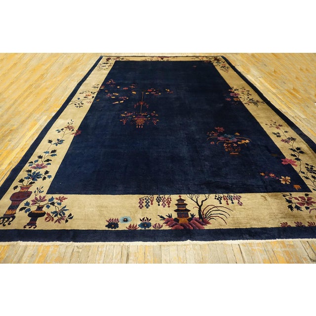 Art Deco Beige Border and Navy Color Field Underscores Floral Chinoiserie Style Chinese Art Deco Rug For Sale - Image 3 of 12