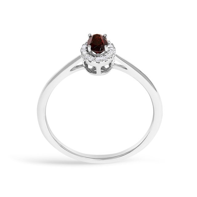 10K White Gold 5X3MM Oval Red Garnet and Diamond Accent Halo Ring (I-J Color, I1-I2 Clarity) - Ring Size 8 For Sale In New York - Image 6 of 7