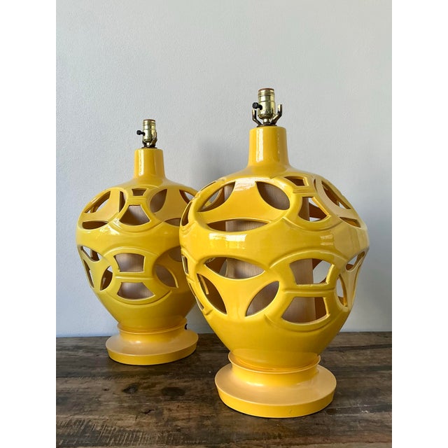 Vintage Glazed Ceramic Cutout Lamps - A Pair For Sale - Image 12 of 12
