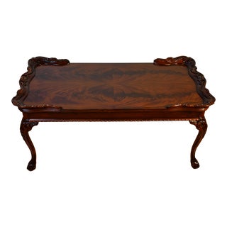 1940s Chippendale Style Carved Mahogany & Crotch Mahogany Top Coffee Table For Sale