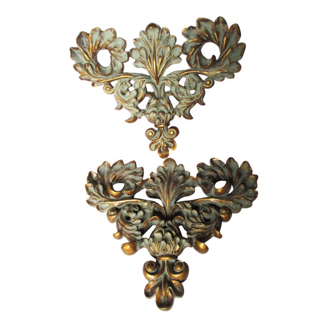 Vintage French Fleur De Lis Gold & Verdigris Wall Plaques For Sale
