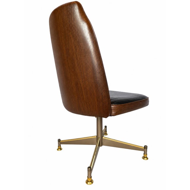 Late 20th Century Vintage B. Brody Seating Co. Mid-Century Modern Swivel Chair – Black Ribbed Vinyl & Woodgrain Pattern For Sale - Image 5 of 8