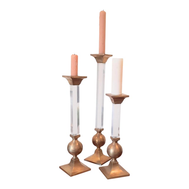 Vintage Xl Brass and Lucite Candlesticks Set 3 Candle Holders For Sale