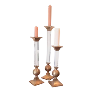 Vintage Xl Brass and Lucite Candlesticks Set 3 Candle Holders