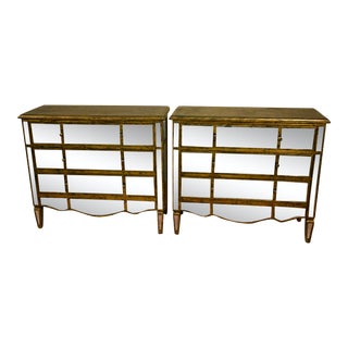 Vintage Hollywood Regency Gold Paint & Mirrored Pair of Commodes / Nightstands For Sale