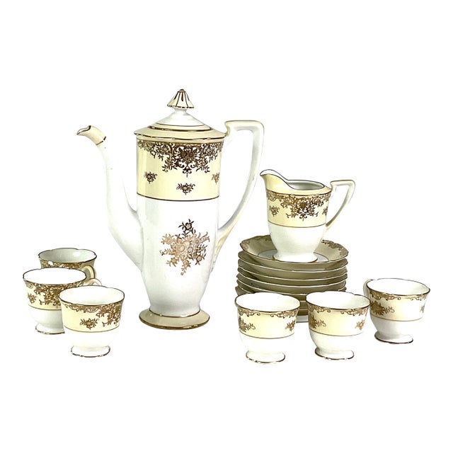 1920s Noritake “M“ Footed Hand Painted Porcelain Chocolate Pot, Demitasse Cups and Saucers and Creamer Set- 16 Pieces For Sale