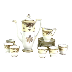 1920s Noritake “M“ Footed Hand Painted Porcelain Chocolate Pot, Demitasse Cups and Saucers and Creamer Set- 16 Pieces