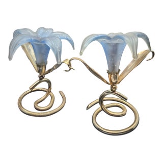 Vintage Oneida Amaryllis Blue Frosted Candle Holders, Set of Two For Sale