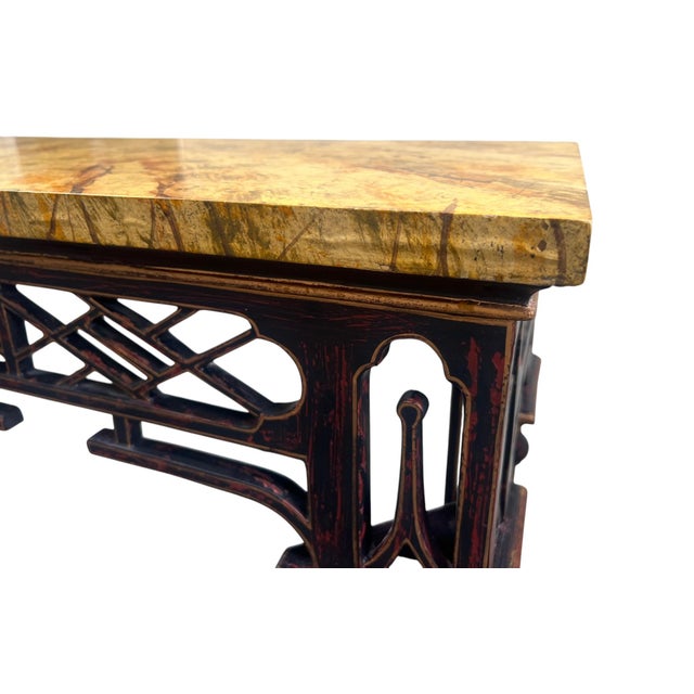 1990s Chinese Chippendale Chinoserie Faux Marble Top Console / Sofa Tables a Pair For Sale - Image 9 of 18