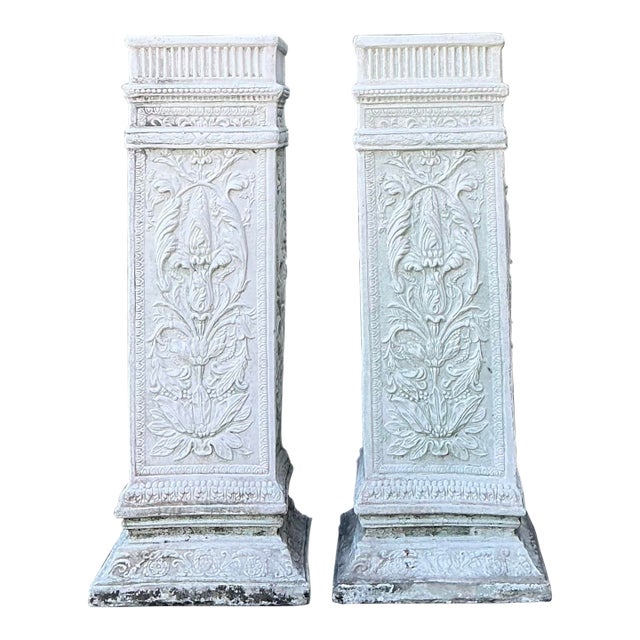 Vintage Cast Concrete Relief Pedestals - A Pair For Sale