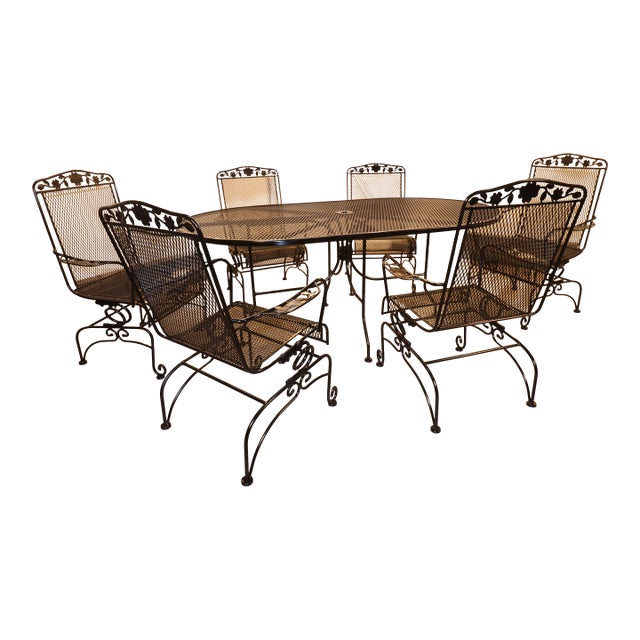 1960s Meadowcraft Dogwood Wrought Iron Patio Dining Set For Sale