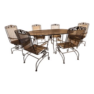 Rare Vintage Scroll Footed Wrought Iron Family Patio Set Six Chairs and Table, Attributed For Sale