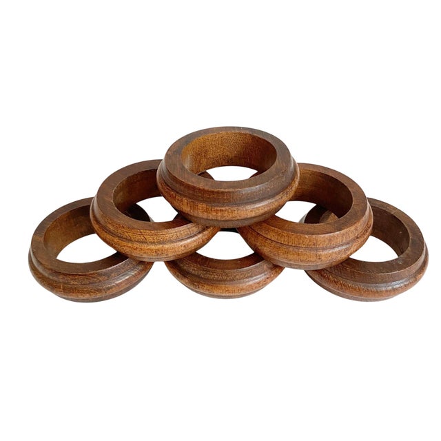 Mid-Century Modern Vintage Mid-Century Modern Teak Wood Napkin Rings – Set of 6, Boho Natural Wood For Sale - Image 3 of 4