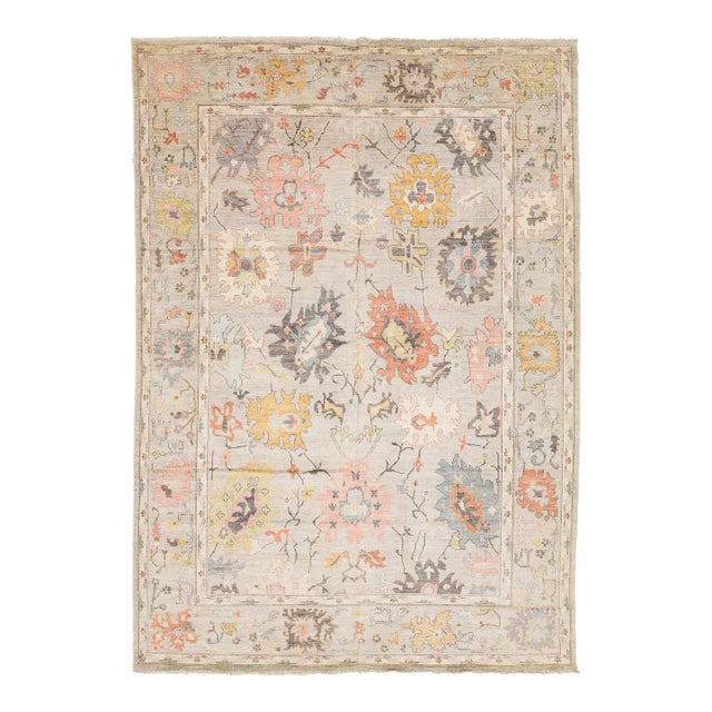 Contemporary Oushak Transitional Rug Muted Earth Tones & Large Floral Medallions For Sale