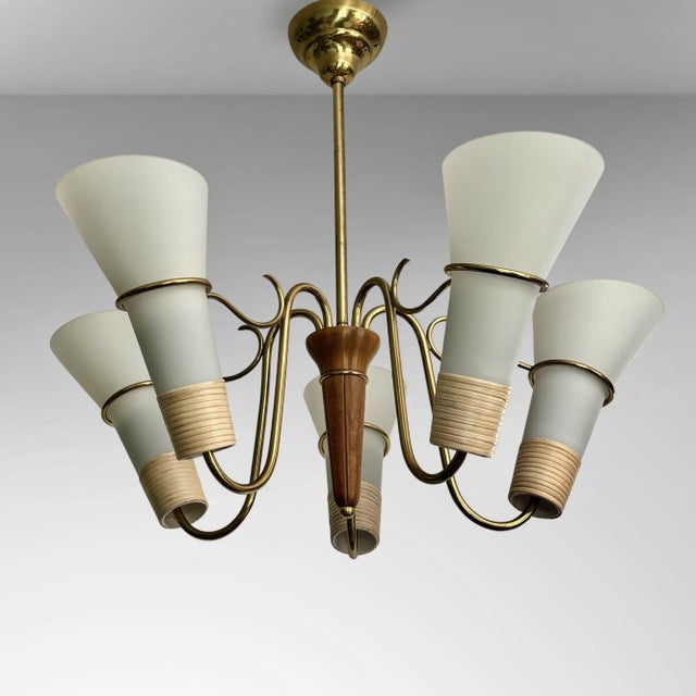 Mid-Century Modernist Swedish Chandelier in Brass, Birch and Glass, 1940s For Sale - Image 12 of 12