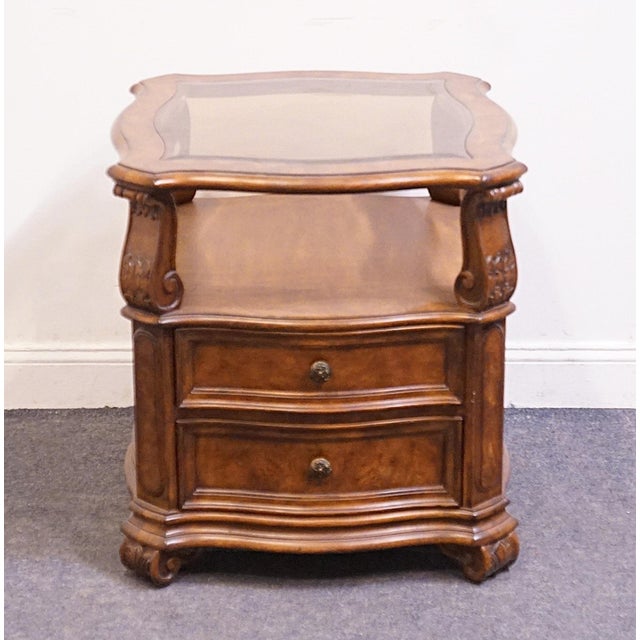 Contemporary Drexel Heritage Talavera Collection Walnut Contemporary Spanish Mediterranean 27" Square Glass Topped Accent End Table For Sale - Image 3 of 13
