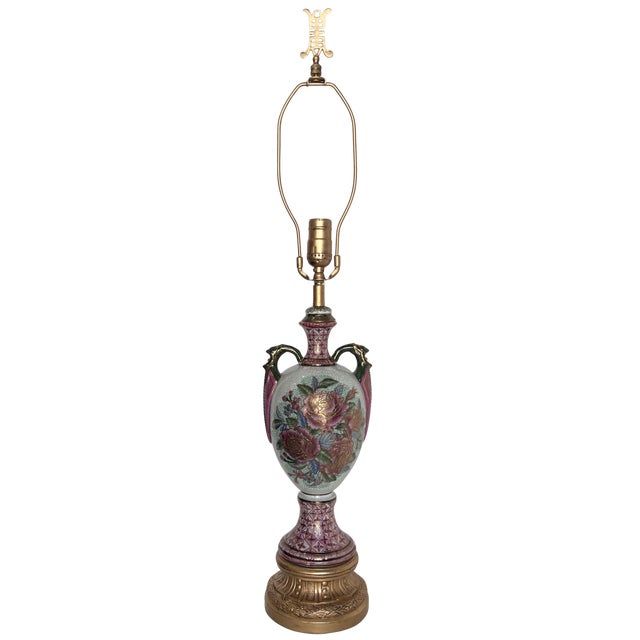 Wood Vintage Japanese Moriage Floral Porcelain Vase Table Lamp For Sale - Image 7 of 16