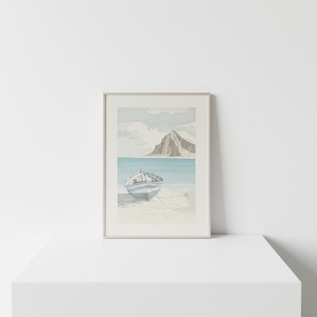 Contemporary A. Guardieli, Ocean Boat & Mountain, Embossed Print, Framed For Sale - Image 3 of 7