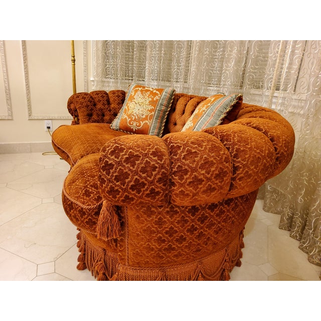 Velvet Burnt Orange Round Sofa, with tassels.
