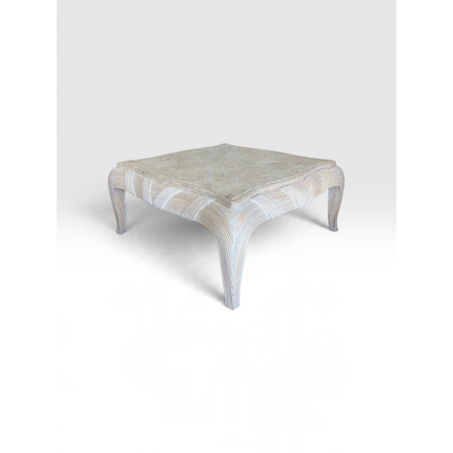 Gabriella Crespi Pencil Reed Square Coffee Table with inset Tessellated Stone Top. Very special and unusual stone top. The...