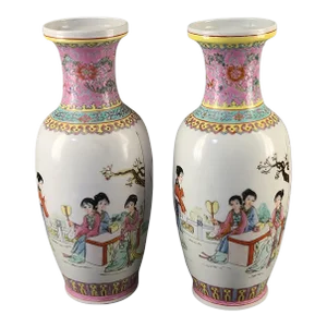 Vintage Asian Pair of Famille Rose Figural Mirror Image Vases Marked