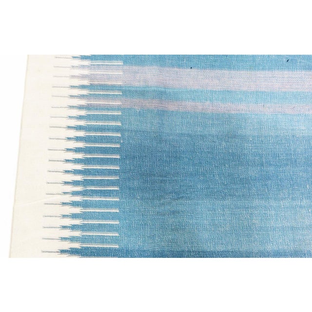 Vintage Indian Dhurrie Rug – Subtle Geometry in Blue and Lavender Size: 14'0" × 21'0" (426 × 640 cm) Radiating tranquil...
