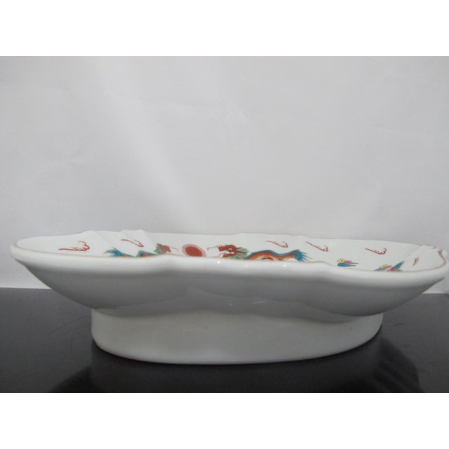 Japanese Oval Scallop Rim Porcelain Red Dragon Good Fortune Serving Dish Platter For Sale - Image 10 of 11
