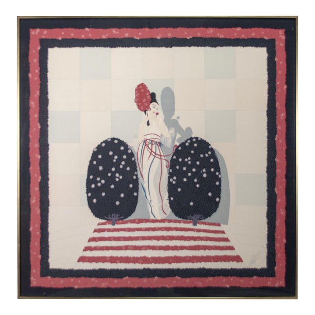 Vintage 1970s Art Deco Erté Silk Scarf Framed Elegant Woman With Topiary For Sale
