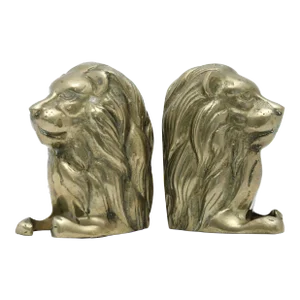 Late 20th Century Brass Recumbent Lion Bookends, a Pair