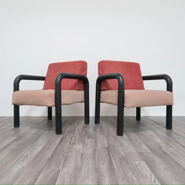 Pair of armchairs, Postmodern, Modernist design, 1980s. Armchairs with polyurethane foam frame and fabric upholstery in...