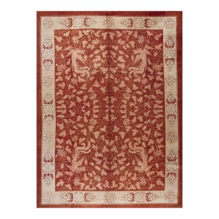 1920s Red Rust Birds Shou Symbols Modern Room Size Antique Chinese Art Deco Rug For Sale