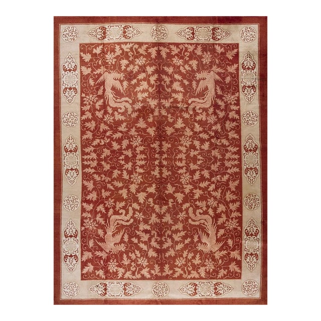 1920s Red Rust Birds Shou Symbols Modern Room Size Antique Chinese Art Deco Rug For Sale