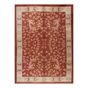 1920s Red Rust Birds Shou Symbols Modern Room Size Antique Chinese Art Deco Rug