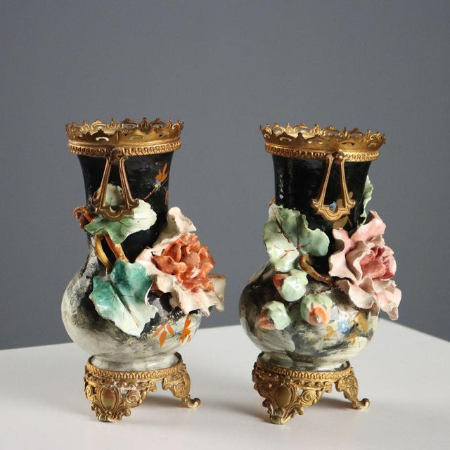 Barbotine Ceramic and Bronze Vases, Set of 2 For Sale - Image 9 of 13