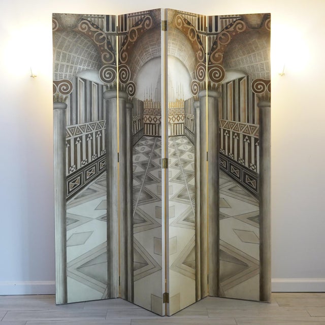 Taupe Vintage Neoclassical Trompe-l'Oeil Four Panel Screen Room Divider For Sale - Image 8 of 18